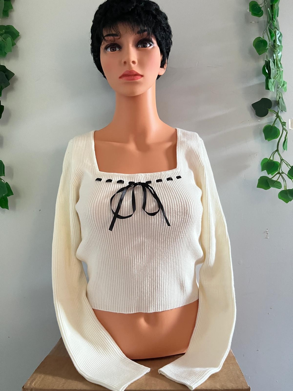 Cream Square-Neck Ribbed Sweater with Black Ribbon Detail